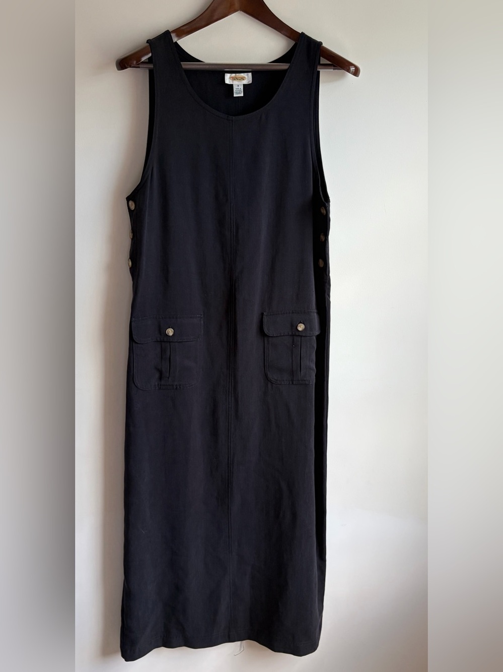 Talbots Black Sleeveless Maxi Dress with Front Flap Pockets and Side Buttons S